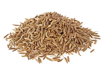 Poster Pile of cumin seeds isolated on white background © domnitsky