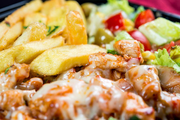 Fresh chicken steak with tomatoes and french fries