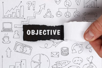 Business, Technology, Internet and network concept. Young businessman shows the word: Objective