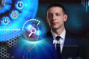 Business, Technology, Internet and network concept. Young businessman working on a virtual screen of the future and sees the inscription: PHP