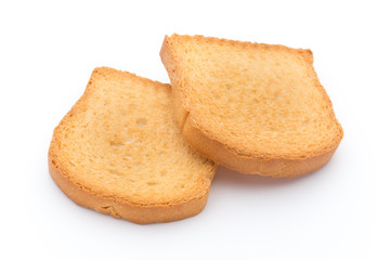 Slices of toast bread on wooden table, top view.