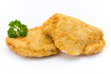 Fried chicken nuggets isolated on white.