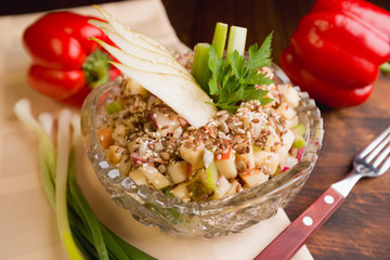fruit salad with flax seeds and sunflower seeds