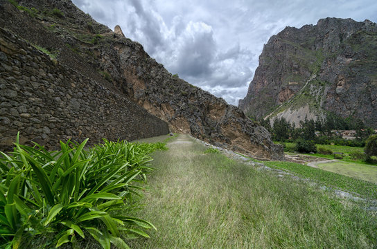 View to ancient agricultural terraces at Inca town in Ollantaytambo