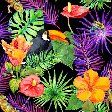 Tropical leaves, exotic flowers, toucan bird, gecko. Seamless wallpaper. Watercolor