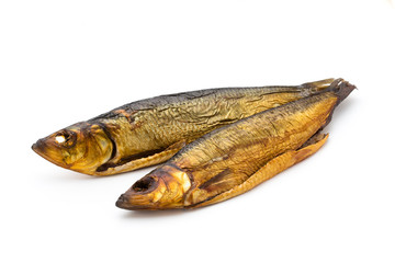 Smoked trout in front of a white background.