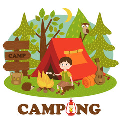 Obraz na płótnie Canvas boy near bonfire in summer camp - vector illustration, eps