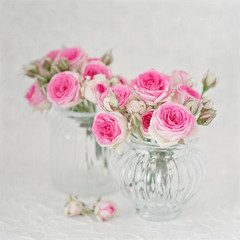 Close-up floral composition with a pink roses .Many beautiful fresh pink roses on a table.