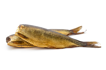 Smoked trout in front of a white background.