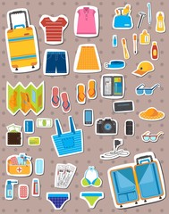 suitcase with tourist stuff, stickers with big suitcase set, travel stickers, pack suitcase stickers, necessary items for traveling, how to pack your suitcase stickers, travel pack collection