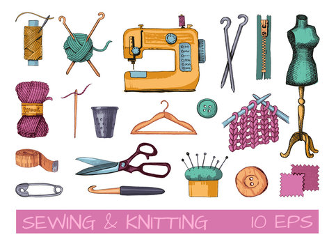 Sketches of tools and materials for sewing and knitting