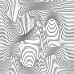 Abstract vector seamless moire pattern with waving curling lines. Monochrome  graphic black and white ornament. Striped repeating texture. - obrazy, fototapety, plakaty
