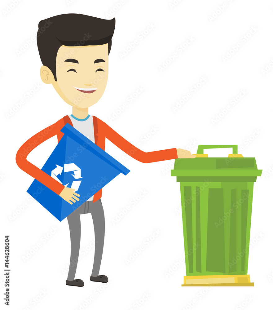 Poster man with recycle bin and trash can.