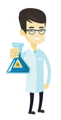 Scientist holding flask with biohazard sign.