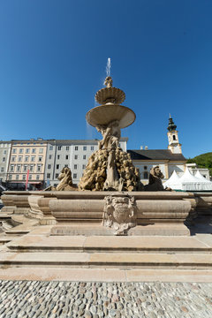 Baroque Residence fountain on Residentplatz in Salzburg. Austria