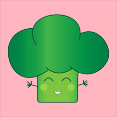 Illustration funny and healthy broccoli (Brassica oleracea). Pink background. Cute and funny broccoli