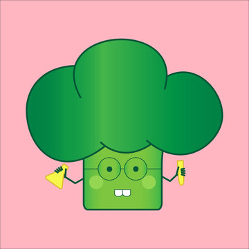 Illustration funny and healthy broccoli (Brassica oleracea). Pink background. Chemist with test tubes