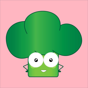 Illustration funny and healthy broccoli (Brassica oleracea). Pink background. Surprised broccoli with big eyes