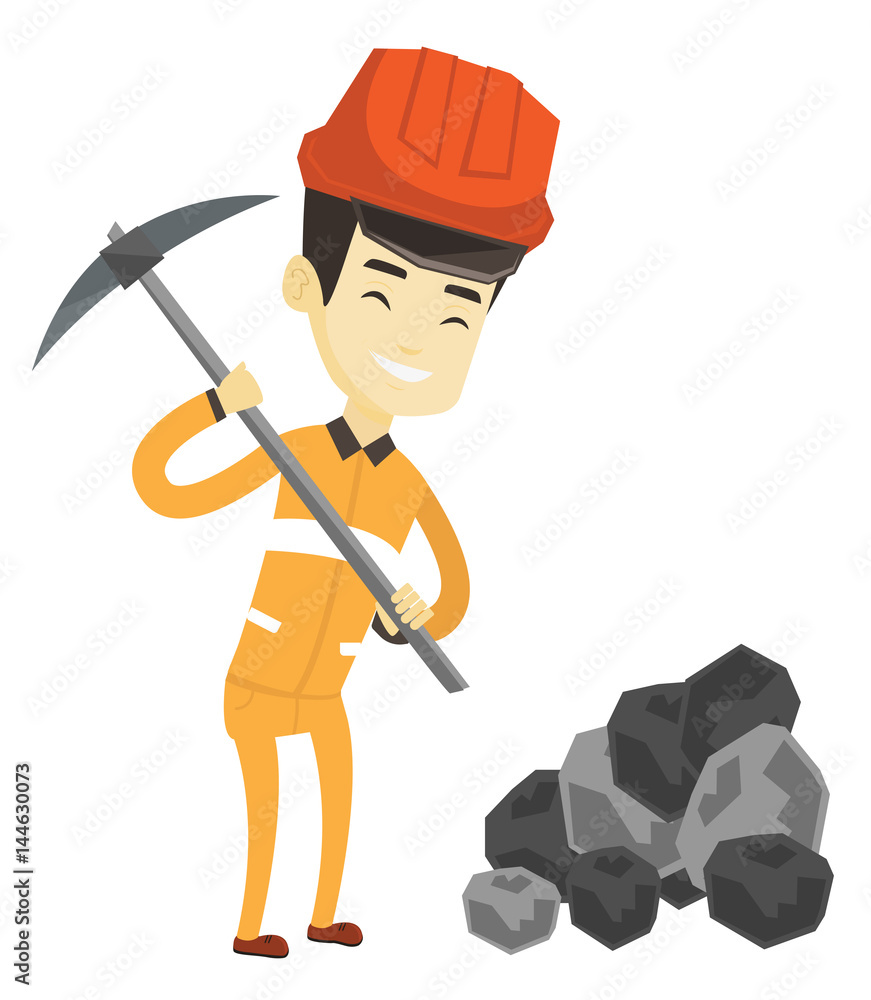 Poster miner working with pickaxe vector illustration.