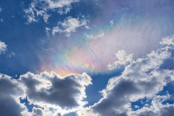 Fototapeta na wymiar Background of cloudy sky with rainbow cloud