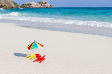 Two chairs and umbrella on tropical beach Similan Islands Thailand. Paper, handmade.