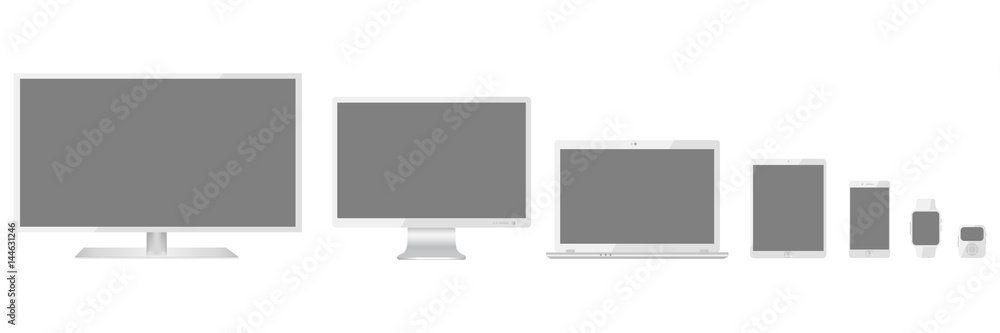 Poster Full of white communication devices. Devices with black display - for stock