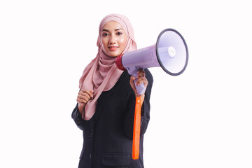 Beautiful business woman wear office coat hold megaphone isolated on white background -business, finance and sale concept