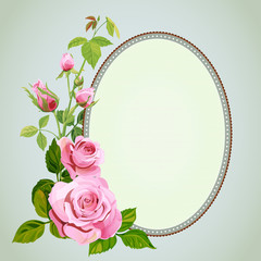 Romantic round frame with bouquet pink roses, flowers and buds, green stem, leaves on vintage background, digital draw illustration, template for design, vector