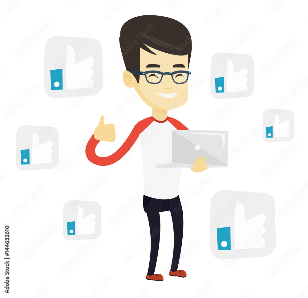 Poster man with like social network buttons.