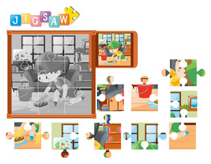 Fototapeta premium Jigsaw pieces for boy cleaning floor