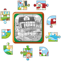 Fototapeta premium Jigsaw puzzle game with kids in pool