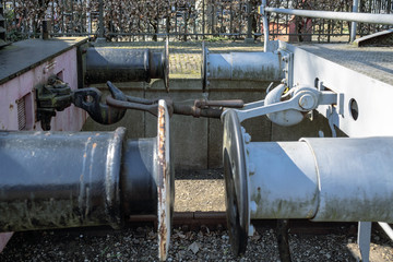 Old style hook railway coupling and buffers for linking freight train wagons