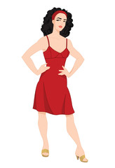 Vector illustration of young woman with curly hair in red dress on white background