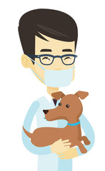 Veterinarian with dog in hands vector illustration