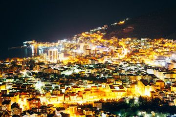 Night Budva, Montenegro. The new town, the view from the highest mountain