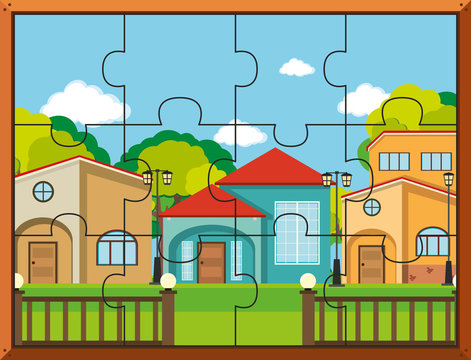 Jigsaw puzzle pieces for houses in village