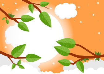 Cartoon sunset with clouds. Flat vector illustration, trees, leaf and sun.