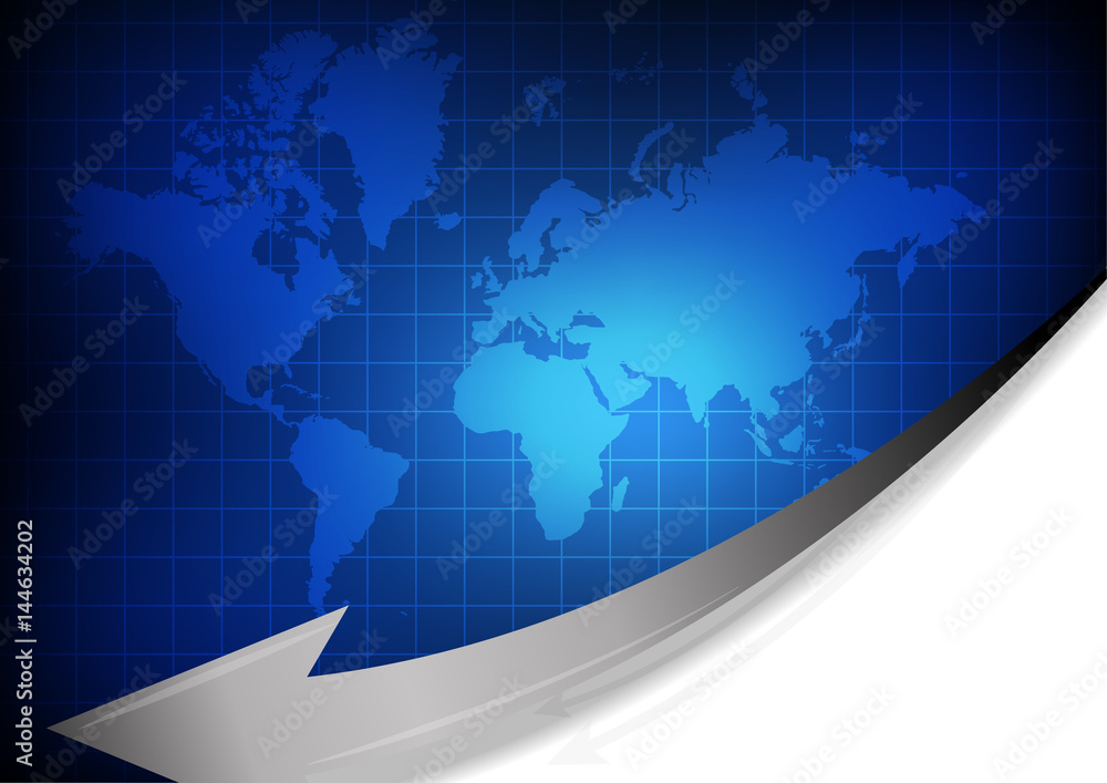 Poster vector : world map with arrow on blue grid background