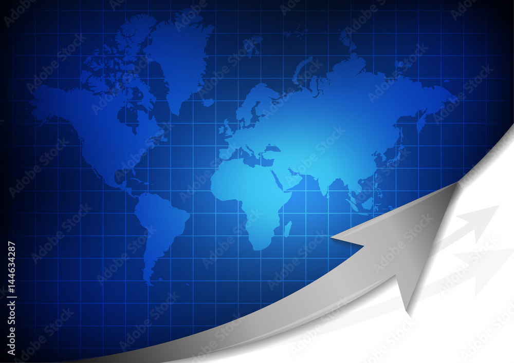 Poster vector : world map with arrow on blue grid background