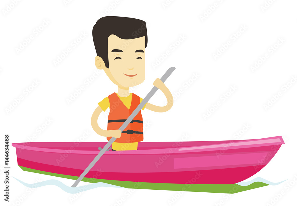 Poster Man riding in kayak vector illustration.