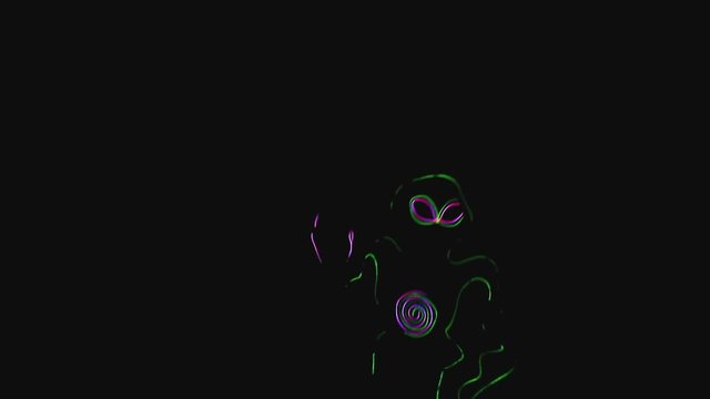 A glowing neon green alien man in the dark dances in the style of hip hop. Ful HD footage.
