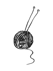 Vector image of a ball of yarn and knitting needles.