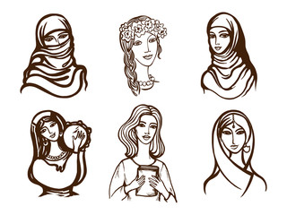 set of vector images of girls - Ukrainian, Indian, Arab, Italian.
