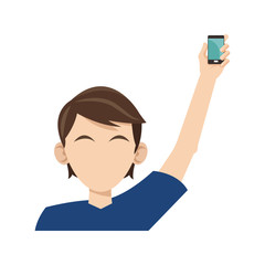 man holding a smartphone icon over white background. colorful design. vector illustration