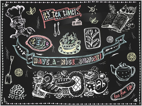 Tea set graphic element for menu on blackboard.