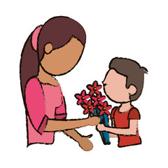 mother and son bouquet flowers vector illustration eps 10