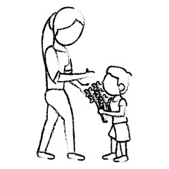 sketch mother and son bouquet flowers vector illustration eps 10