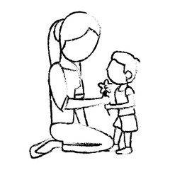 sketch mother and son with flower vector illustration eps 10
