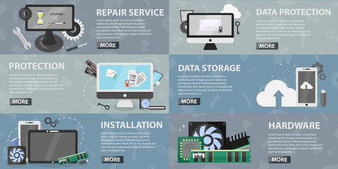 Vector set of flat banners of computer market for websites. Concept of repair, data protection and installation hardware. Collection of electronics elements and equipment in flat design.