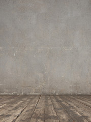 Bright vintage studio interior with wooden floor and raw concrete wall